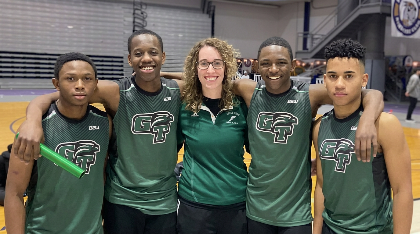 Green Tech Eagles relay runners in GT singlets with their coach after a meet