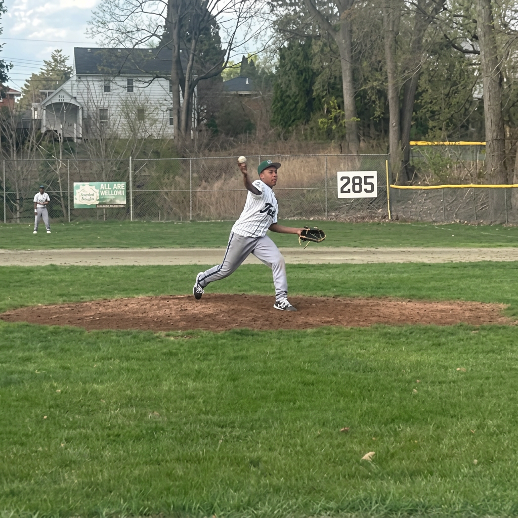 Green Tech High Eagles pitcher delivering a pitch from the mound during a spring baseball game
