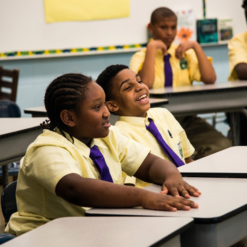 Green Tech High students smiling together during class in Albany, New York