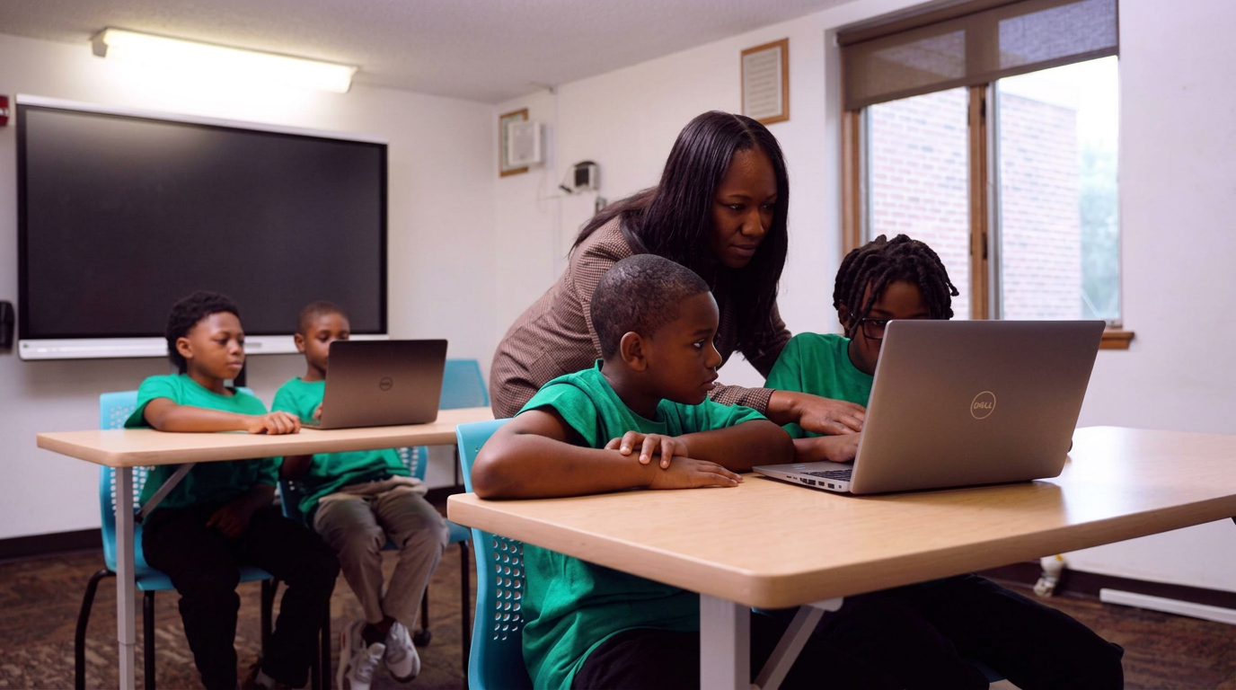 A Green Tech High teacher helping students code on laptops in an Albany, NY classroom