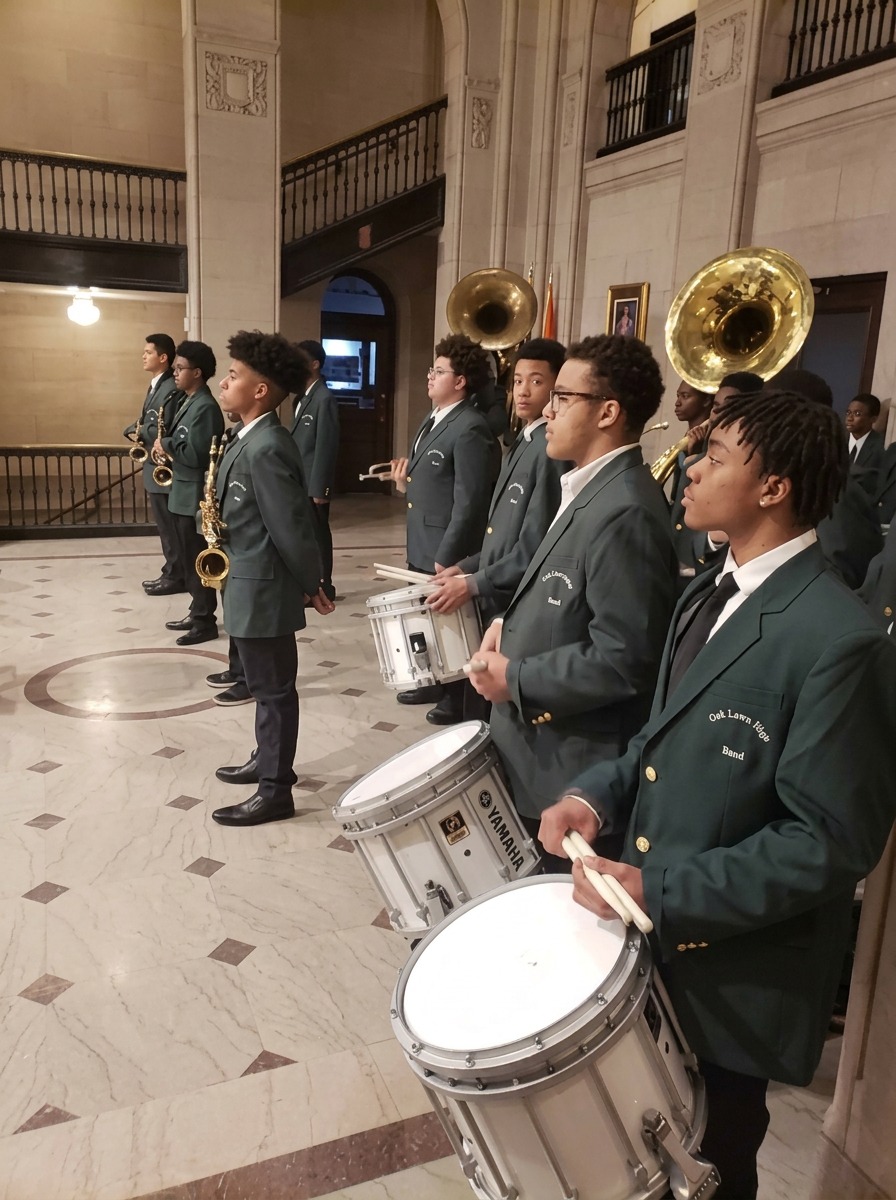 Green Tech High band and drum line lined up with snare drums, sousaphones, and saxophones inside Albany City Hall