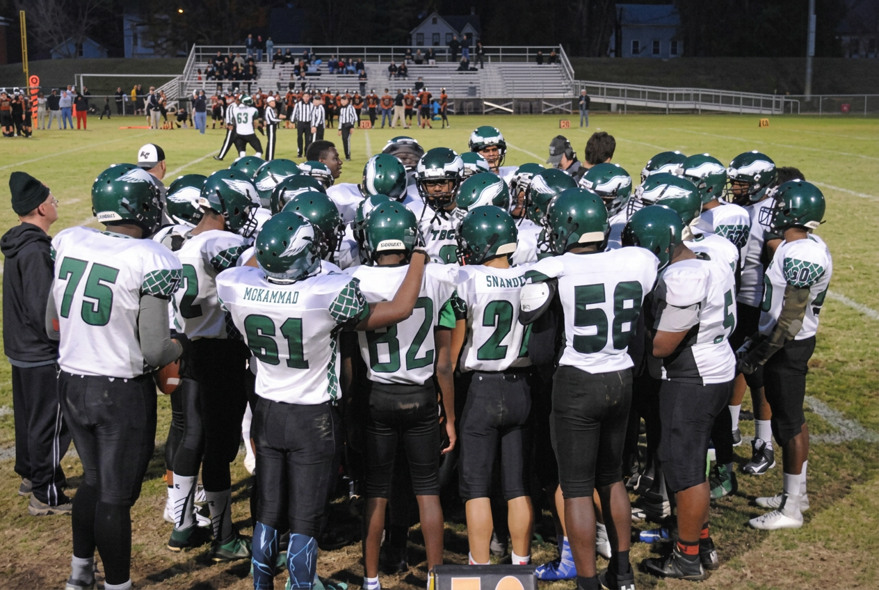Green Tech High Eagles football team huddled together under the lights during a Friday night game