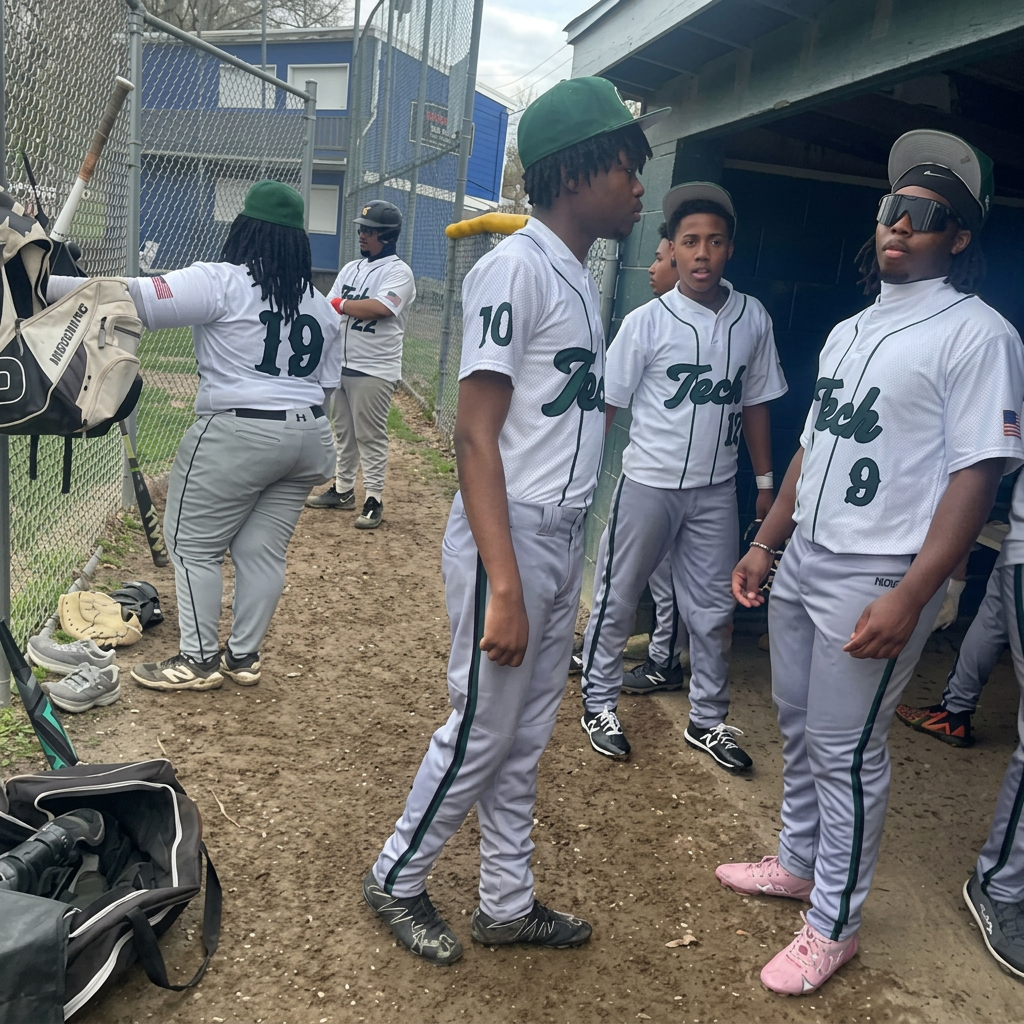 Green Tech High Eagles baseball players in green and white uniforms gathered outside the dugout