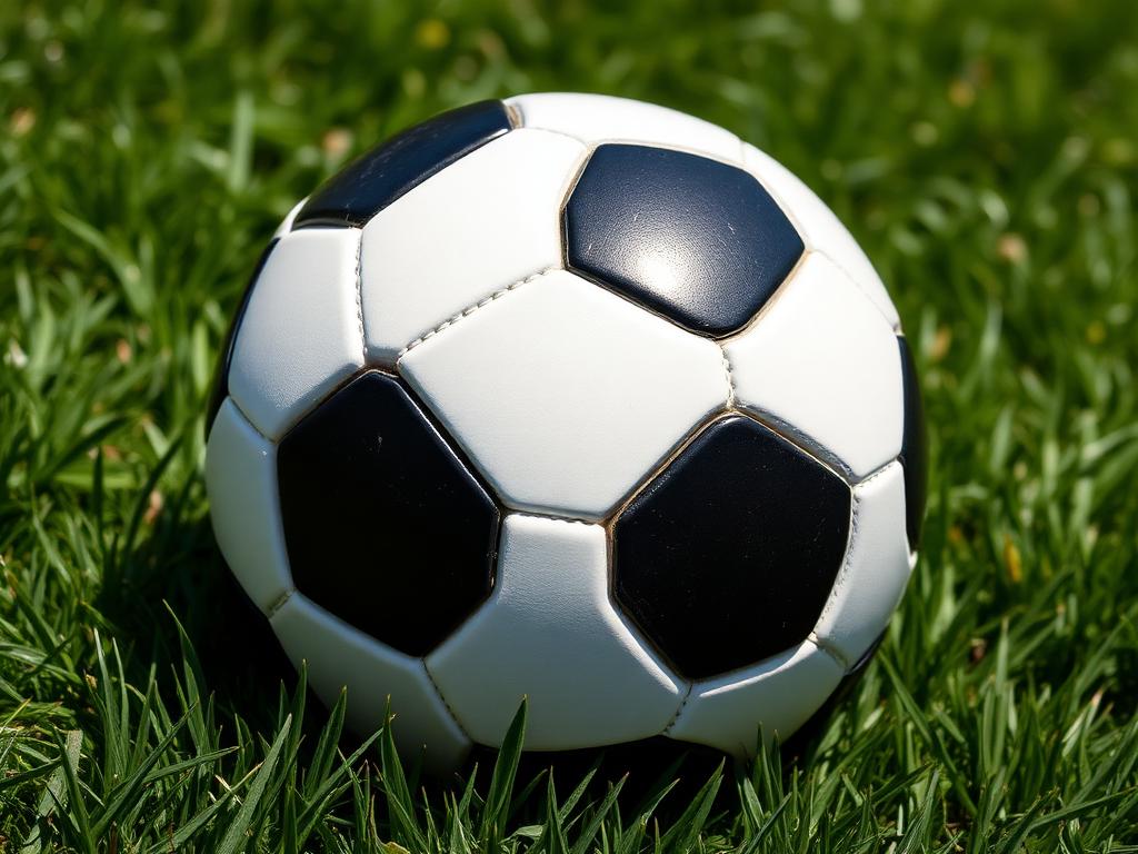 Classic soccer ball resting on green grass